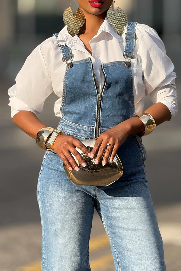 Casual Bleached Zipped Design Denim Straight Overalls
