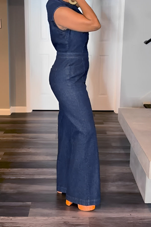 Retro Zipper Pocket Design Sleeveless Denim Jumpsuit