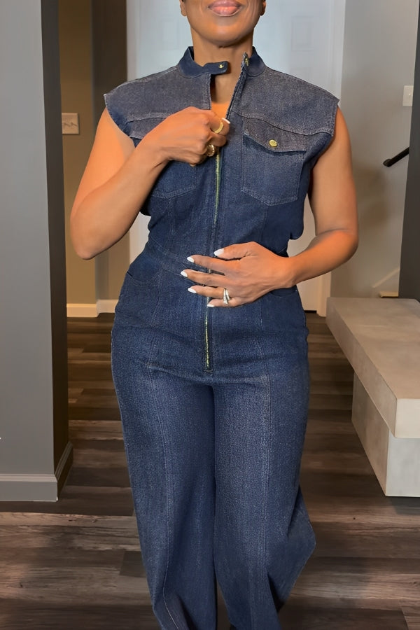 Retro Zipper Pocket Design Sleeveless Denim Jumpsuit