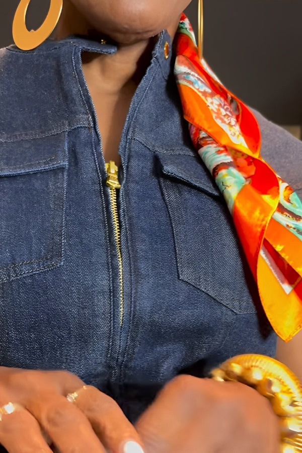 Retro Zipper Pocket Design Sleeveless Denim Jumpsuit