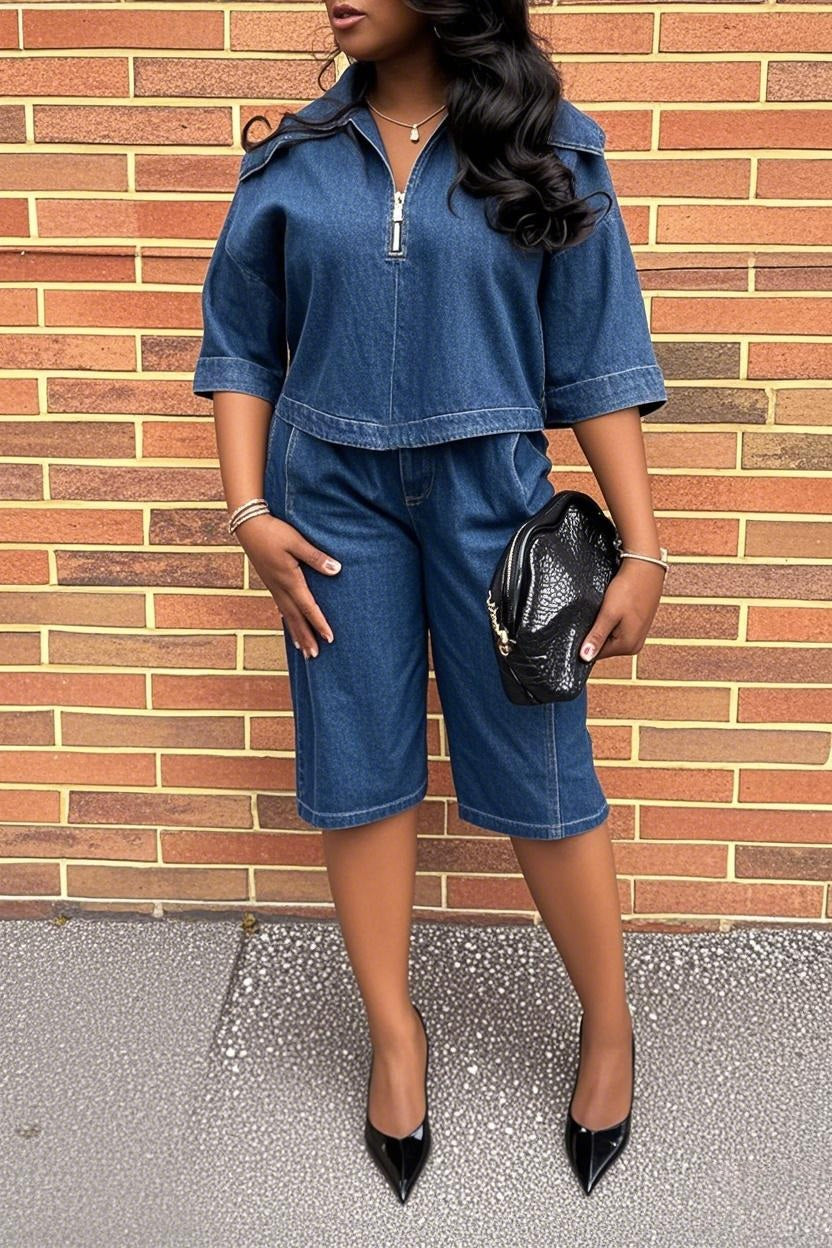 Casual Zipped Design Denim Short Jacket & Pants Set
