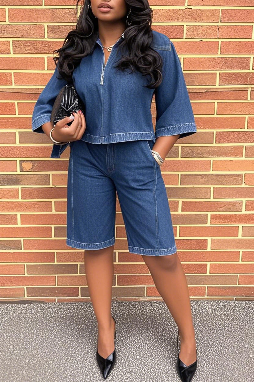 Casual Zipped Design Denim Short Jacket & Pants Set