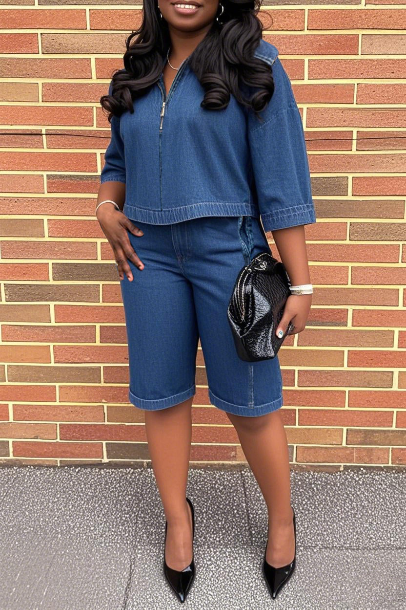 Casual Zipped Design Denim Short Jacket & Pants Set