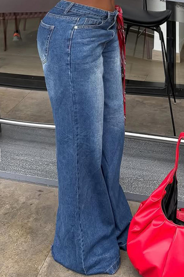 Stylish Bleached Tie Decorated Low Rise Jeans