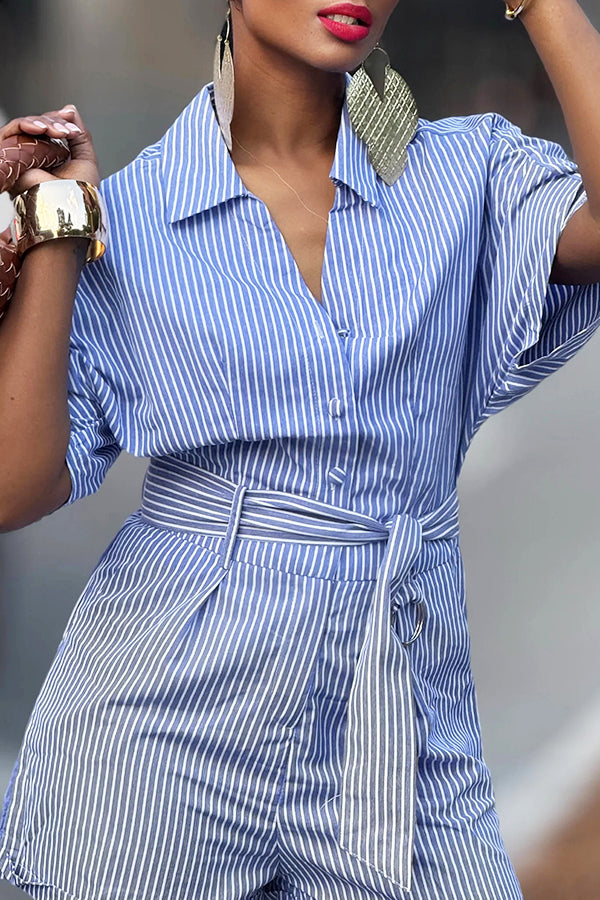 Stylish Striped Lapel Single Breasted Belted Design Rompers