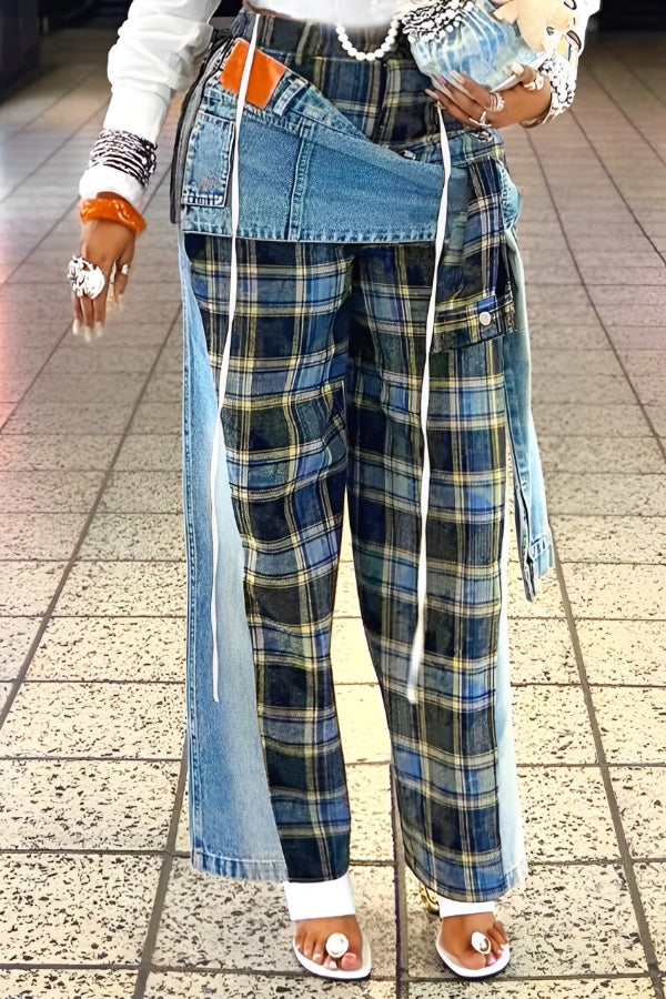 Street Fashion Asymmetric Lace Up Plaid Jeans