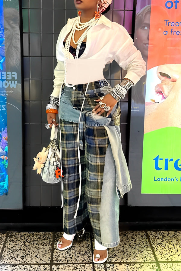 Street Fashion Asymmetric Lace Up Plaid Jeans