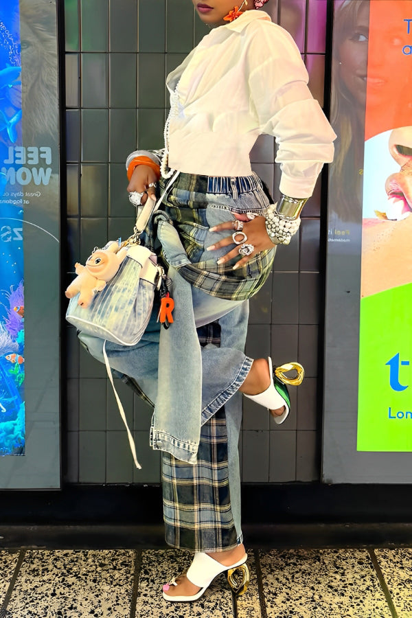 Street Fashion Asymmetric Lace Up Plaid Jeans