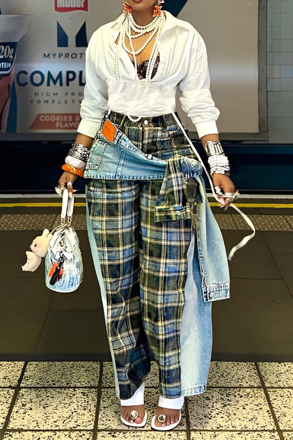 Street Fashion Asymmetric Lace Up Plaid Jeans