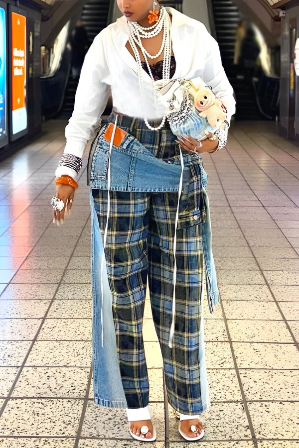 Street Fashion Asymmetric Lace Up Plaid Jeans