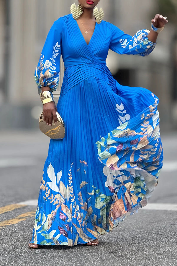 Stylish Pleated Layered Natural Print Maxi Dress