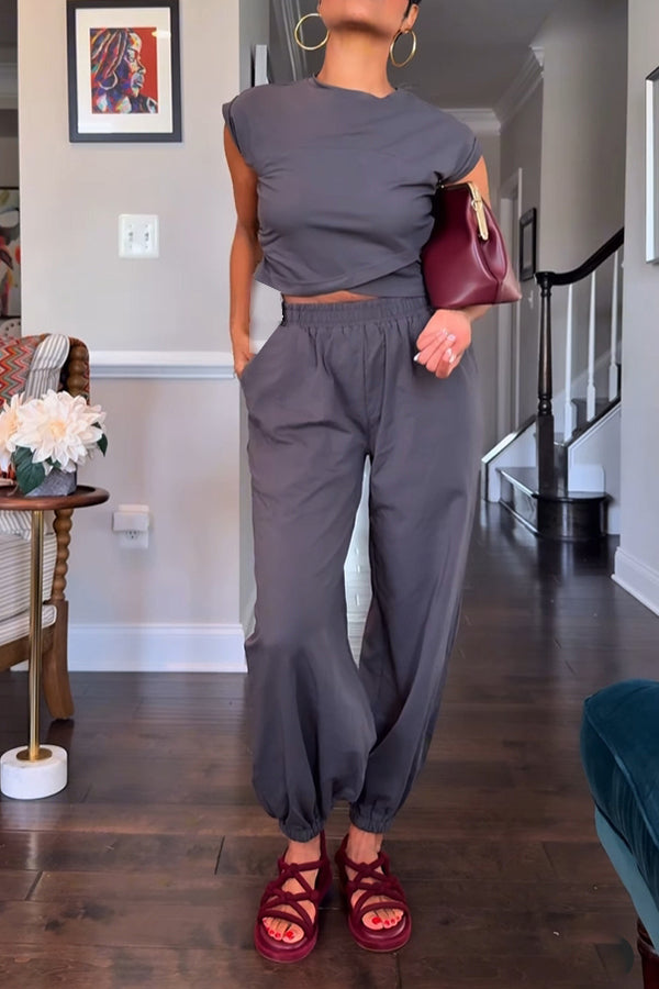 Casual Sleeveless Irregular Top & Pleated Leg-tied Pants Set