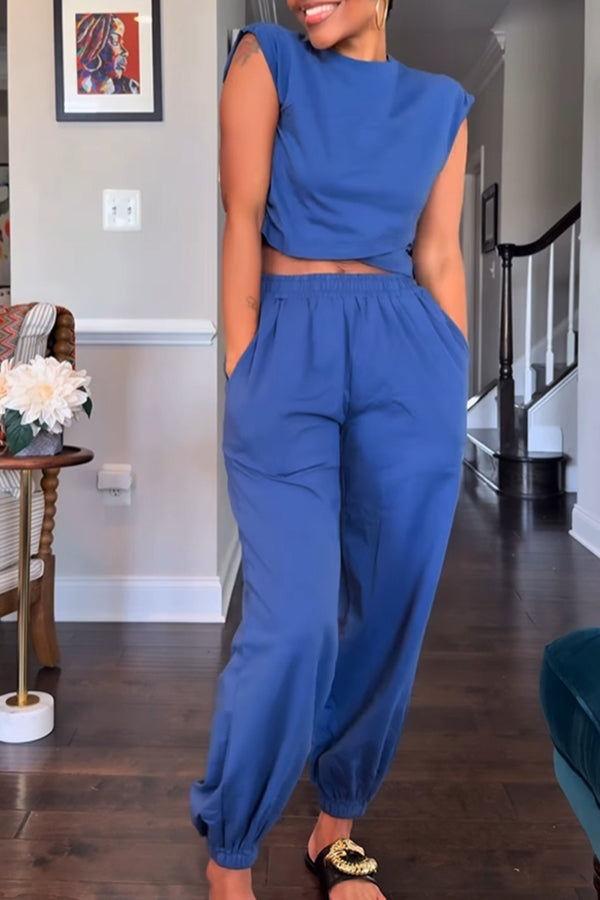 Casual Sleeveless Irregular Top & Pleated Leg-tied Pants Set