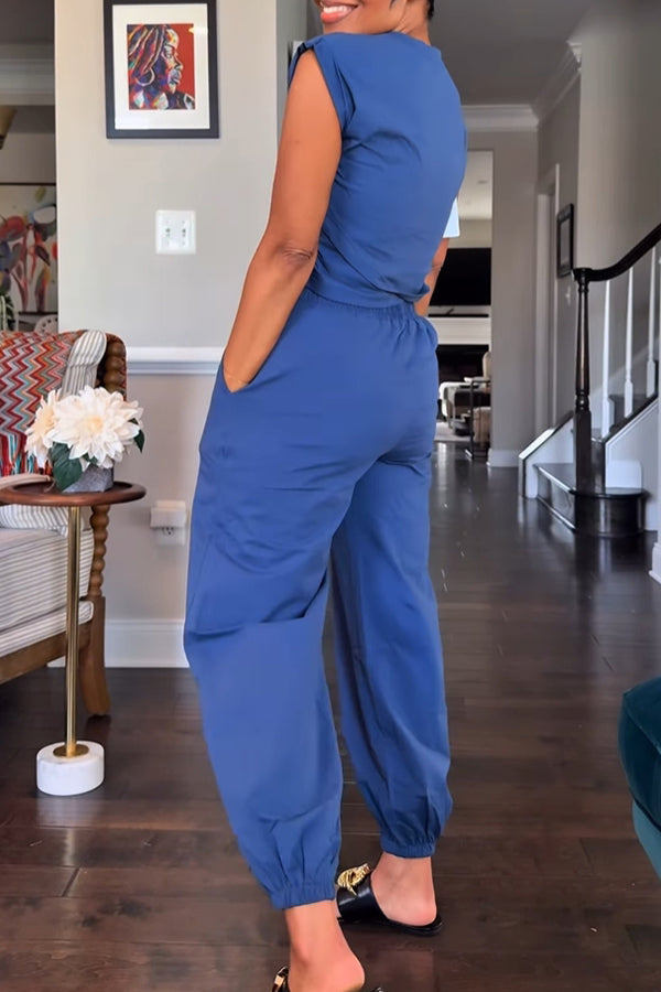 Casual Sleeveless Irregular Top & Pleated Leg-tied Pants Set
