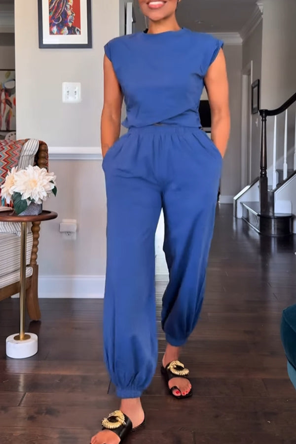Casual Sleeveless Irregular Top & Pleated Leg-tied Pants Set