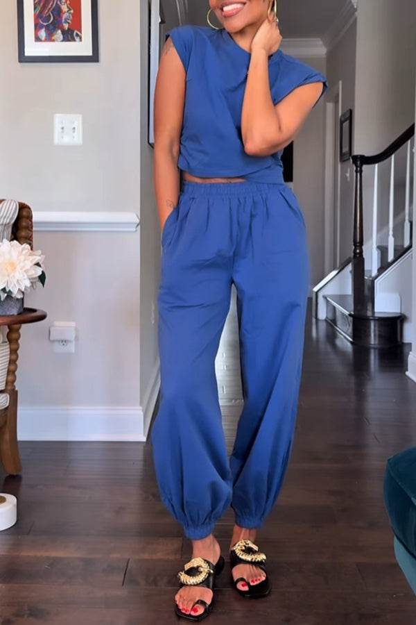 Casual Sleeveless Irregular Top & Pleated Leg-tied Pants Set