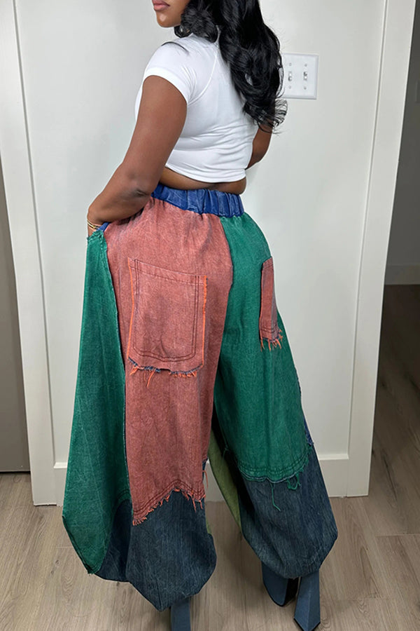 Oversized Multi Tone Pocket Design Elastic Waist Jeans