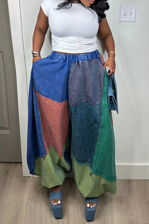Oversized Multi Tone Pocket Design Elastic Waist Jeans