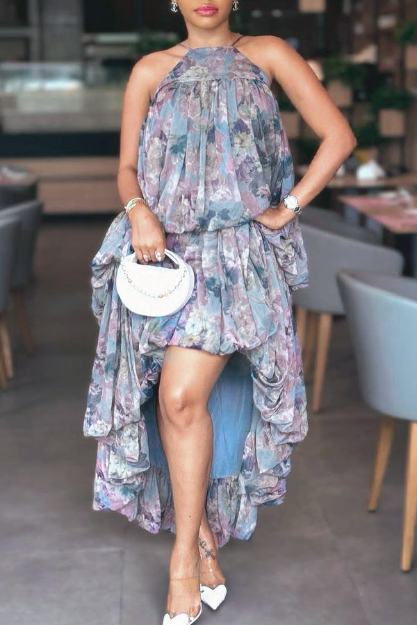 Stylish Halterneck Floral Print Pleated Layered Maxi Dress