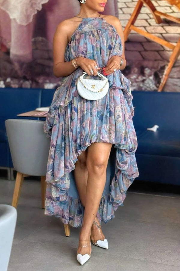 Stylish Halterneck Floral Print Pleated Layered Maxi Dress