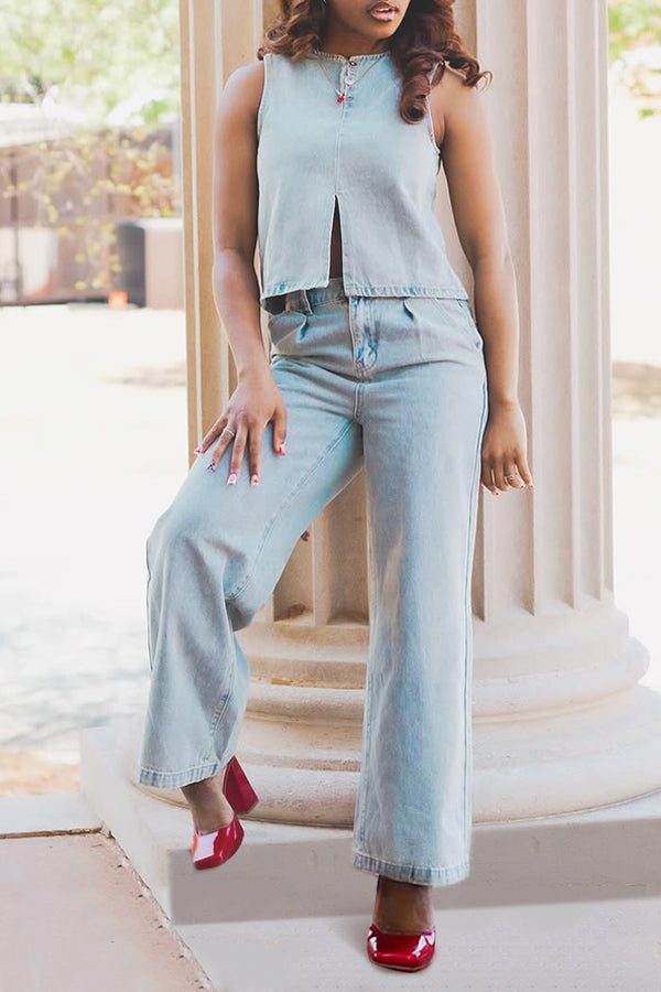 Stylish Light Washed Denim Vest & Straight Pants Set
