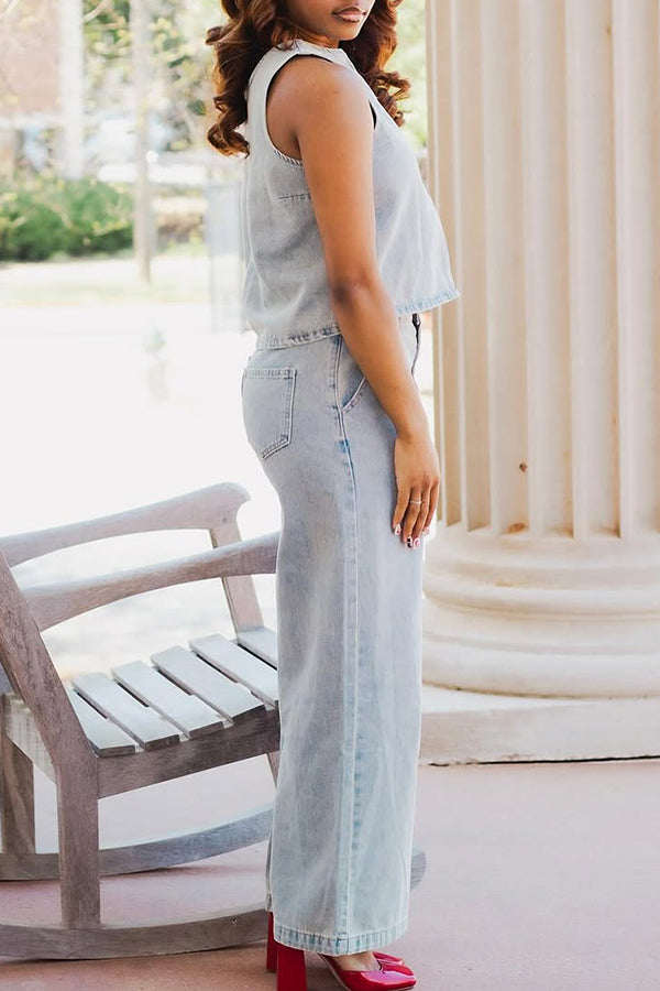 Stylish Light Washed Denim Vest & Straight Pants Set