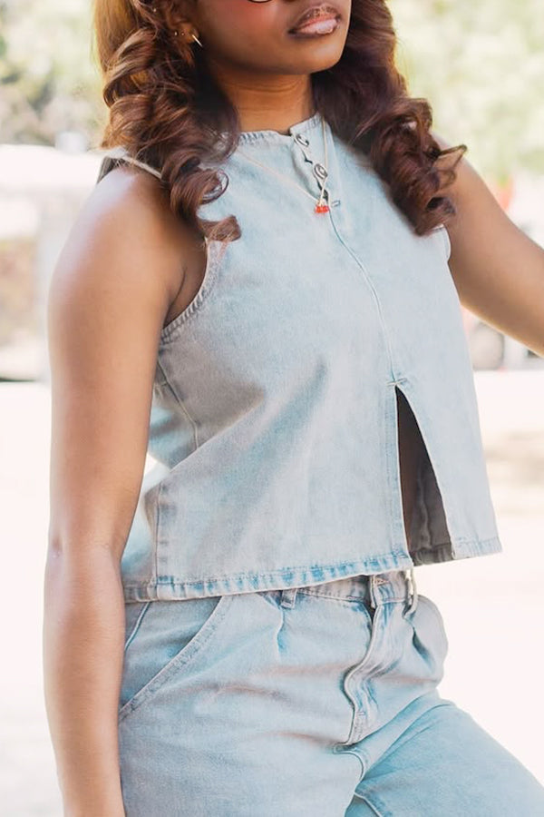 Stylish Light Washed Denim Vest & Straight Pants Set