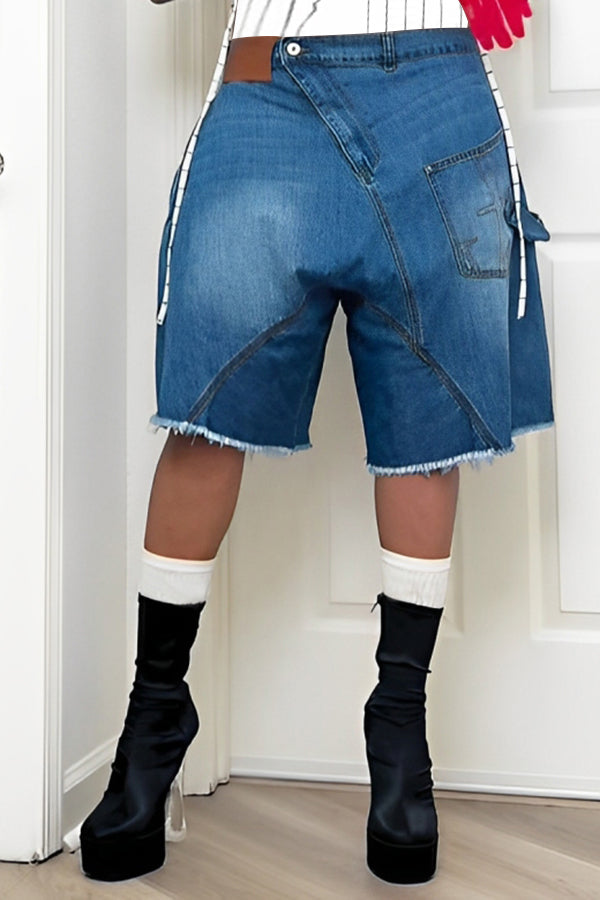 Vintage Bleached Raw Edge Printed Pocket Denim Shorts