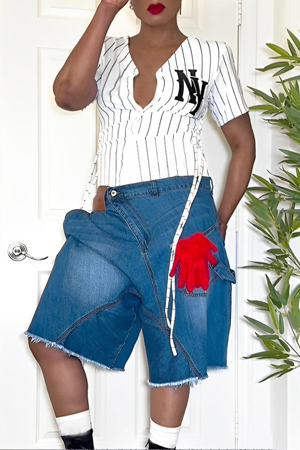 Vintage Bleached Raw Edge Printed Pocket Denim Shorts