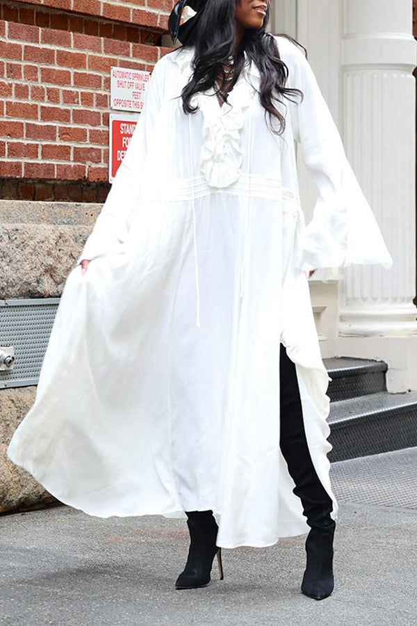 Flowy Drawstring Ruffle Side Slit Maxi Dress
