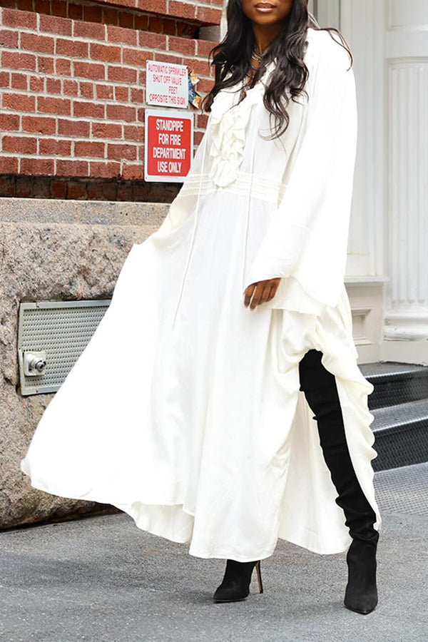 Flowy Drawstring Ruffle Side Slit Maxi Dress