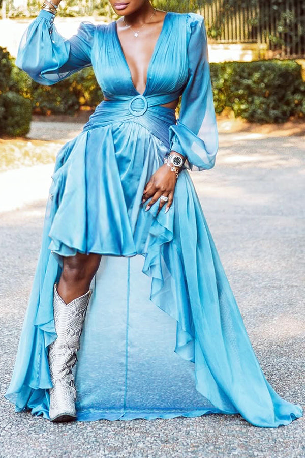 Striking Deep V-neck Ruffled Irregular Maxi Dress