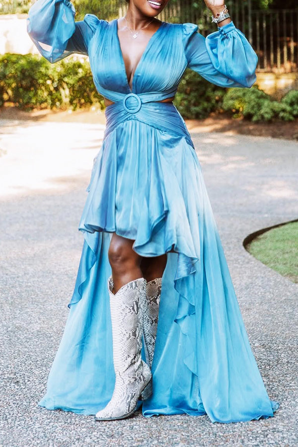 Striking Deep V-neck Ruffled Irregular Maxi Dress