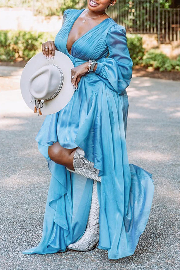 Striking Deep V-neck Ruffled Irregular Maxi Dress