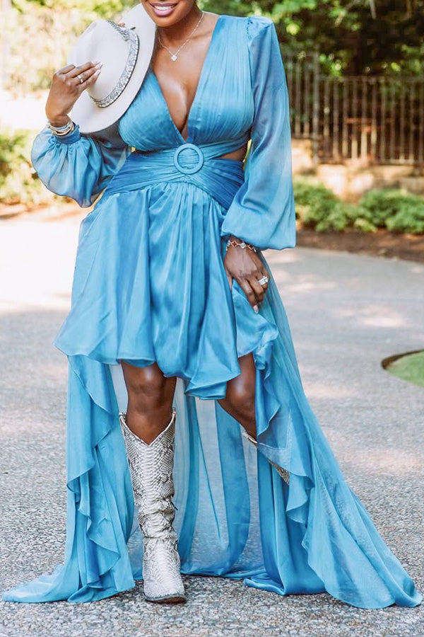 Striking Deep V-neck Ruffled Irregular Maxi Dress