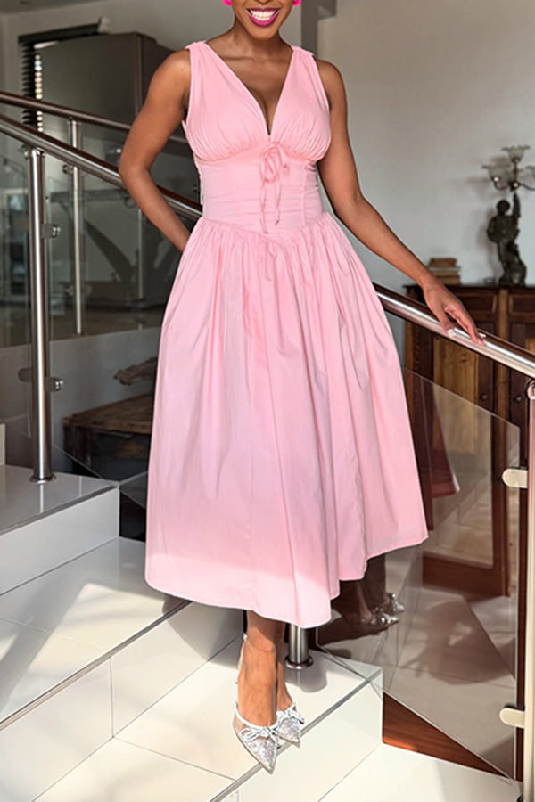 Attractive Deep V-neck Pleated Sleeveless Maxi Dress
