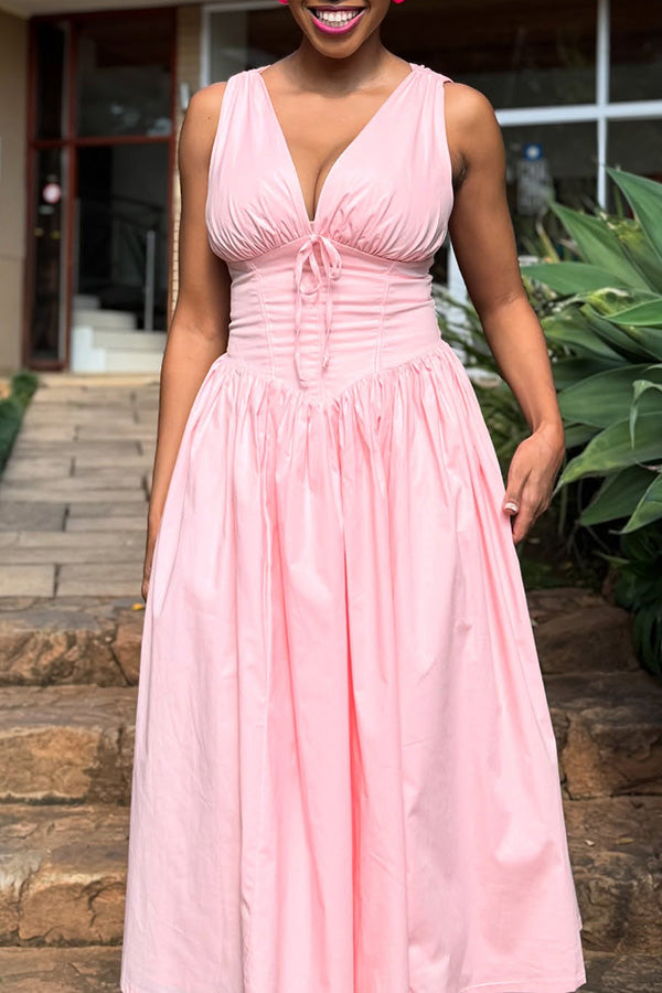 Attractive Deep V-neck Pleated Sleeveless Maxi Dress