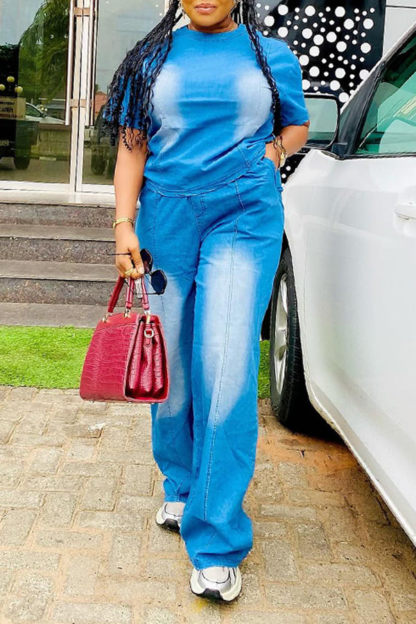 Trendy Bleached Denim Short Sleeve Top & Pants Set