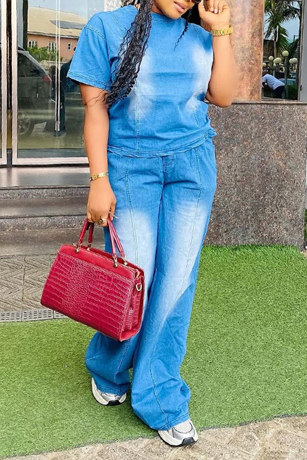 Trendy Bleached Denim Short Sleeve Top & Pants Set