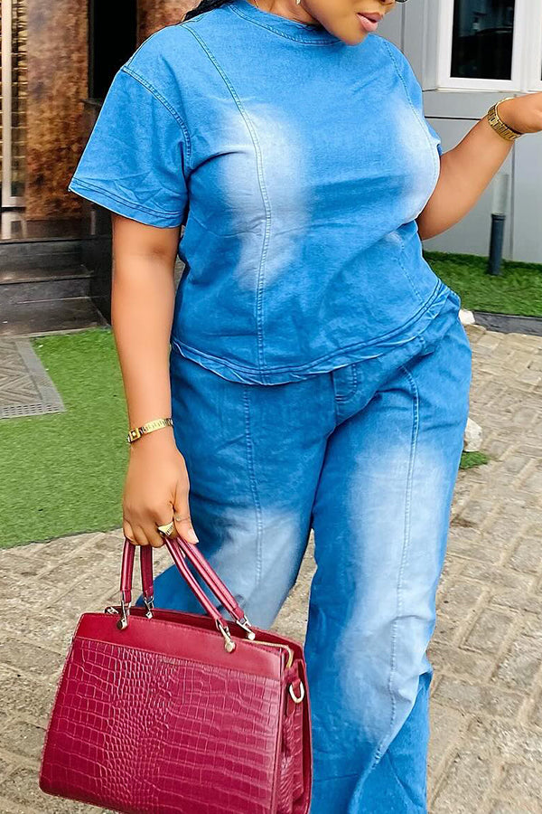 Trendy Bleached Denim Short Sleeve Top & Pants Set