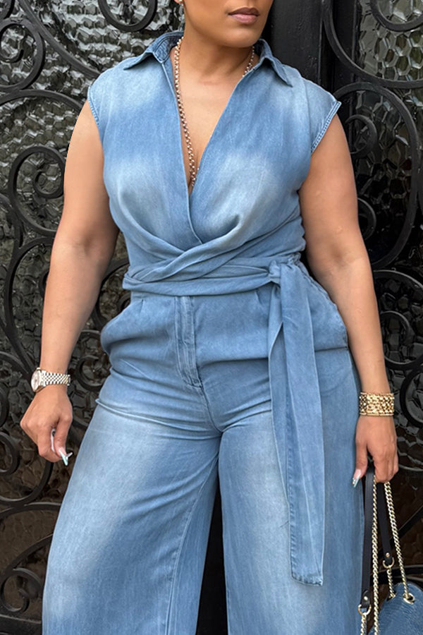 Stylish Bleached Cross Waistband Design Denim Sleeveless Jumpsuit