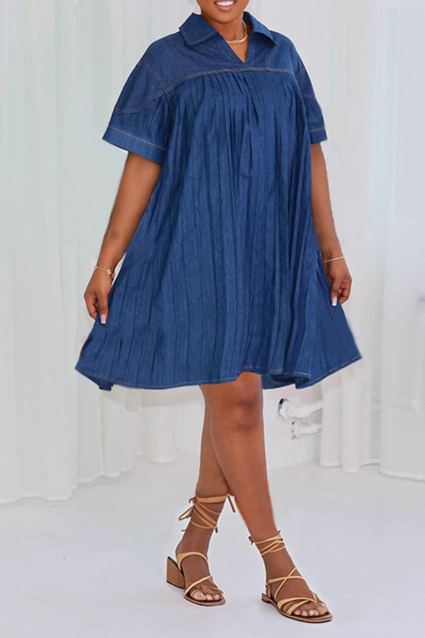 Casual Lapel Pleated Denim Short Sleeve Mini Dress