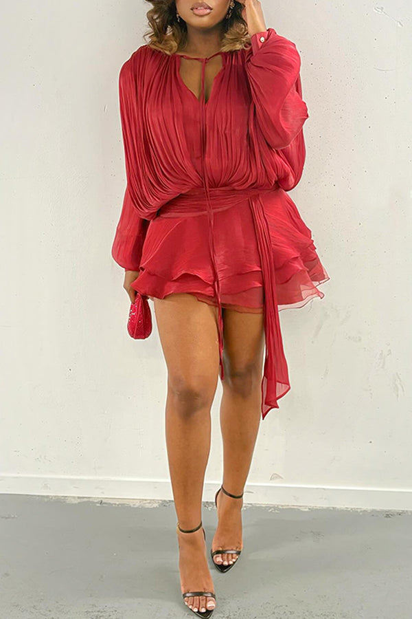 Flowy Pleated Top & Ribbon Layered Ruffle Skirt Set