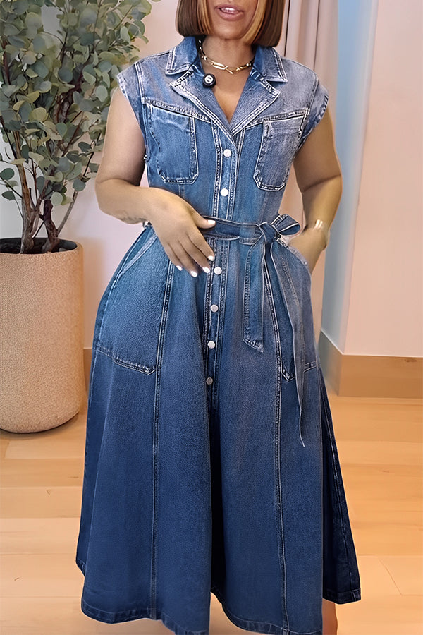 Casual Washed Belt Pocket Denim Sleeveless Maxi Dress