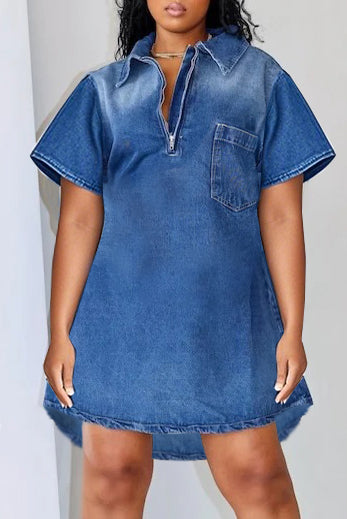 Casual Washed Half Zipper Pocket Denim Mini Dress