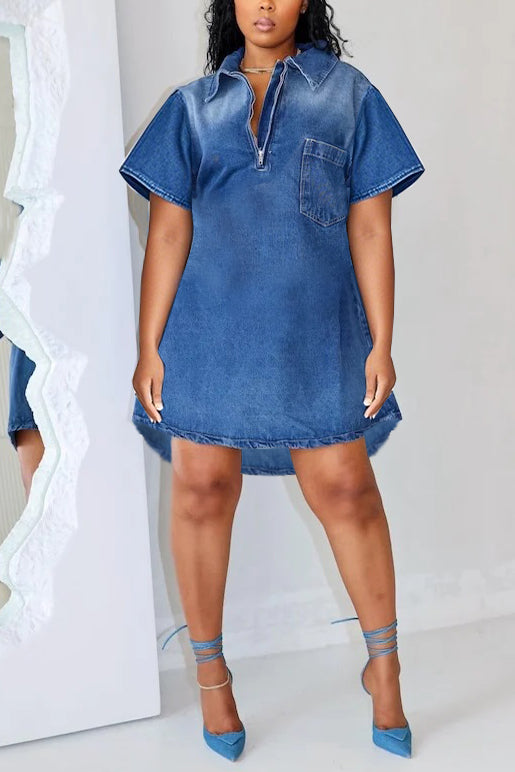 Casual Washed Half Zipper Pocket Denim Mini Dress