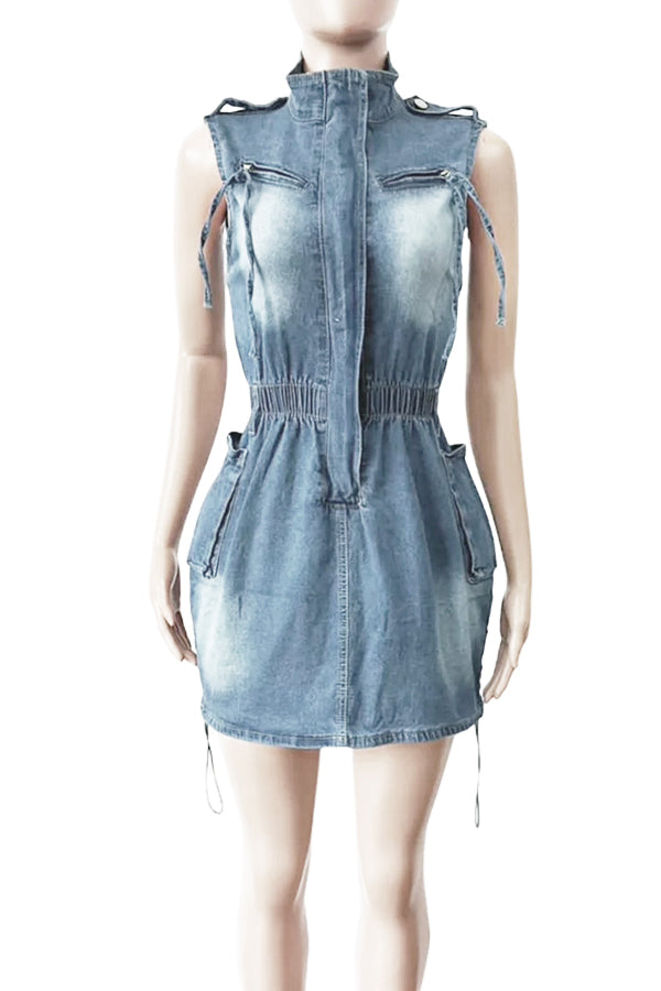Fashionable Bleached Drawstring Pocket Denim Sleeveless Mini Dress