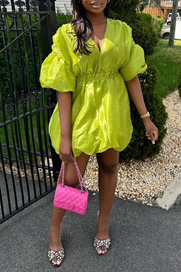 Bright V-neck Puff Sleeve Elastic Waist Mini Dress