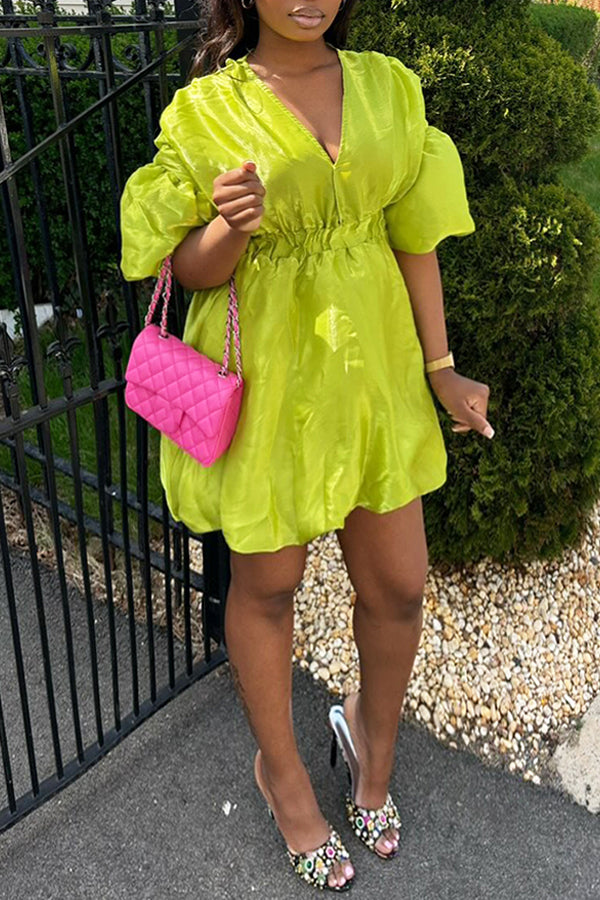Bright V-neck Puff Sleeve Elastic Waist Mini Dress