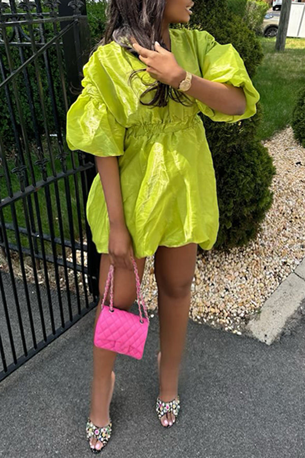 Bright V-neck Puff Sleeve Elastic Waist Mini Dress